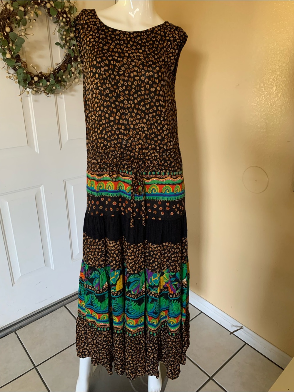 Vintage Carole Little Boho Tropical Border Print Maxi Dress Size 10